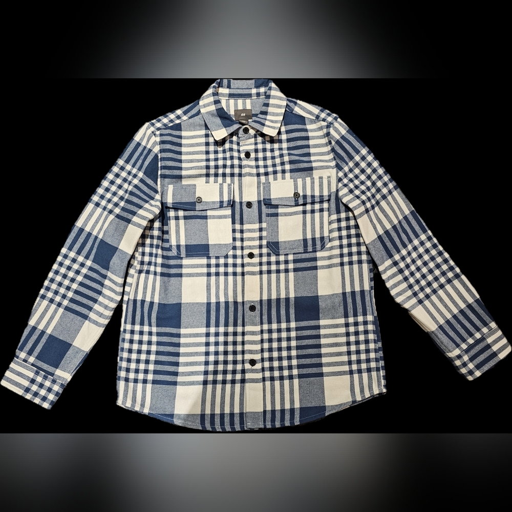 Men's H&M Blue and White Wool Blend Plaid Button-up Shirt